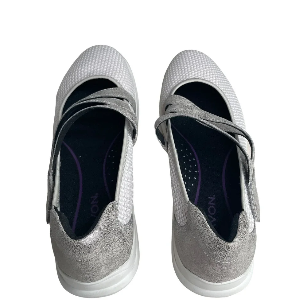 Aravon Womens 8B White Silver Knit Mary Jane Comfort Walking Shoes Hook Loop